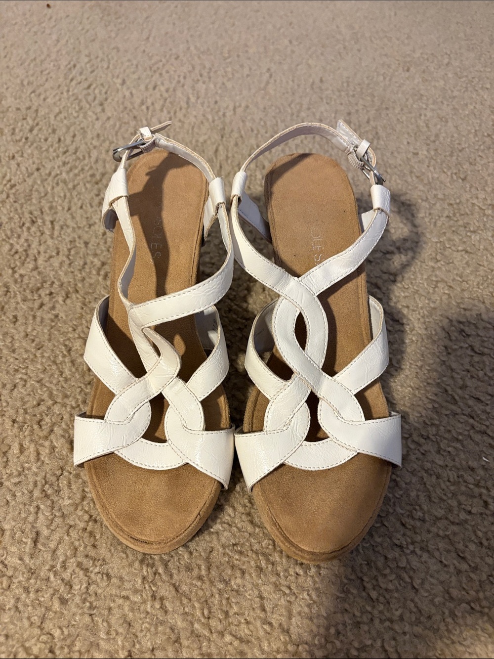 Aerosoles Size 9 White Braided Leather Slingback Wedge Sandals